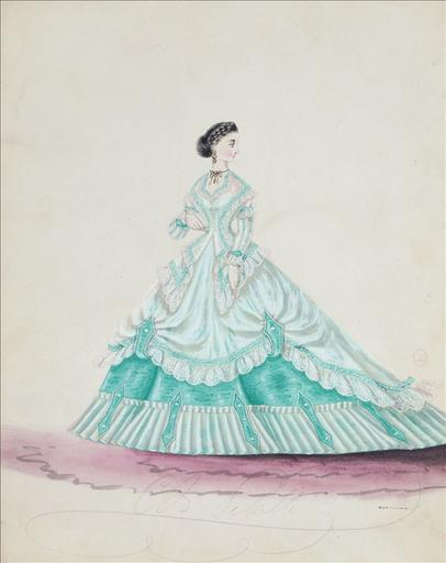 Figurine pour Madame Ghys, n°4524, vers 1866. Robe habillée , à veste ouverte, à deux basques en pointe, à jupe ornée d´un biais vert et de dentelle blanche