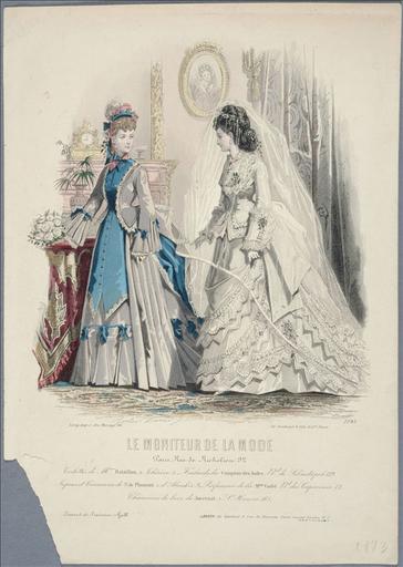 Le Moniteur de la mode, 1873, planche 1085: Toilettes de Mme Bataillon. Foulards du Comptoirs des Indes. (Toilette de mariée)