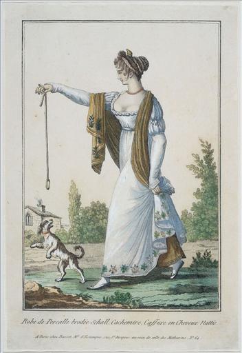 Robe de percale brodée. Schall cachemire. Coiffure en cheveux nattés. A Paris chez François Basset, marchand d'estampes, rue St Jacques, au coin de celle des Mathurins, n°64