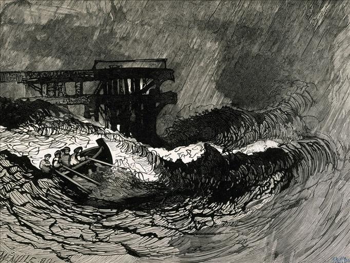 Album de gravures d'après les dessins de Victor Hugo pour Les Travailleurs de la mer : Vieux Saint Malo, près du quai (planche 20) - 1882
