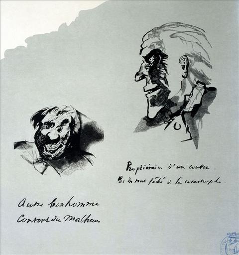 Album de gravures d'après les dessins de Victor Hugo pour les Travailleurs de la mer : Propriétaire d'un coutre, pas du tout fâché de la catastrophe. Autre bonhomme content du malheur (planche 46) - 1882