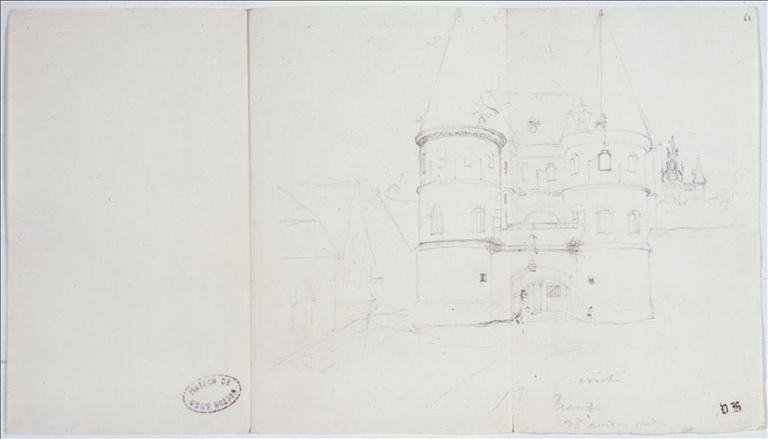 Carnet de voyage 22 juillet - 29 août 1834 : dessus de porte (folio.16 avec page vis à vis) ; Vannes (folio.23) ; Evêché de Beauvais, 28 août 1834, folio 60 (verso) et 61 (recto)