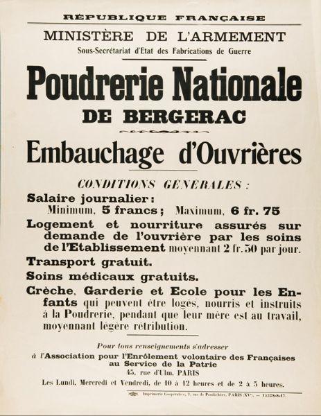 Poudrerie Nationale de Bergerac : Embauchage d'ouvrières