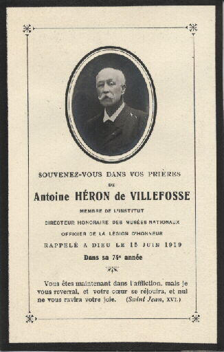 Portrait d'archéologue. Portrait en médaillon d'Antoine Héron de Villefosse (1845-1919). Faire-part de décès