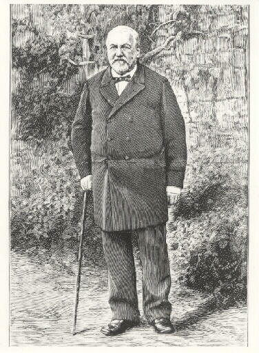 Portrait d'archéologue. Portrait en pied d'Edouard Piette (1827-1906). Reproduction d'une gravure sur bois debout (Touzery, graveur,1898)