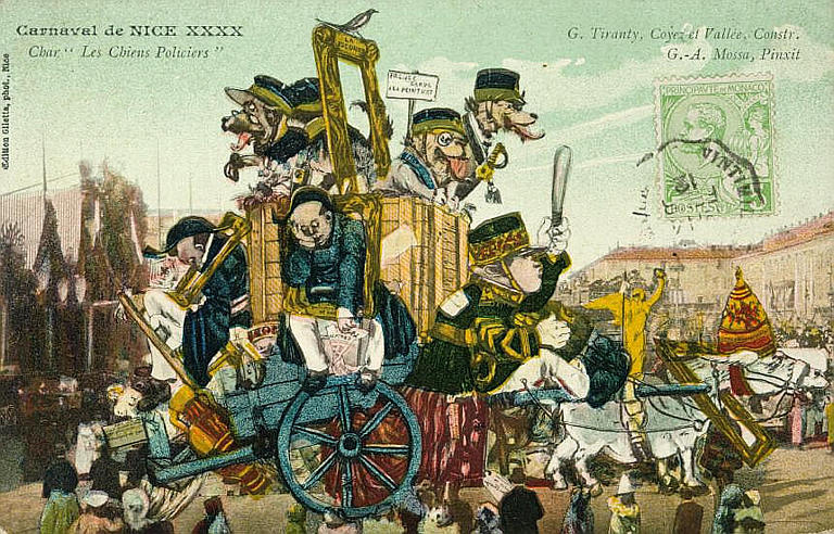 CARNAVAL DE NICE XXXX / CHAR 'LES CHIENS POLICIERS' / G. TIRANTY, COYEZ ET VALLEE, CONSTR. G.-A. MOSSA, PINXIT