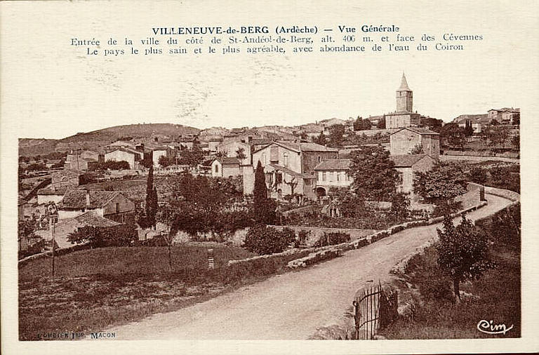 VILLENEUVE-DE-BERG (ARDECHE) - VUE GENERALE / ENTRE DE LA VILLE DU COTE DE ST-ANDEOL-DE-BERG, ALT. 400 M. ET FACE DES CEVENNES