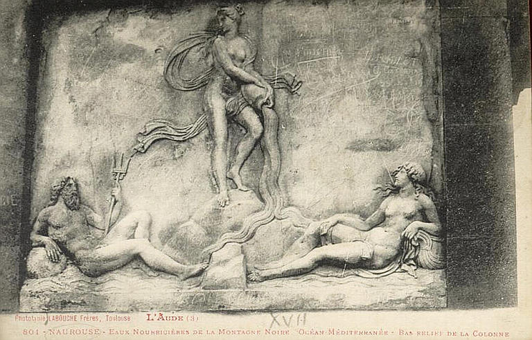 L'AUDE (3) / 801 - NAUROUSE - EAUX NOURRICIERES DE LA MONTAGNE NOIRE OCEAN MEDITERRANEE - BAS RELIEF DE LA COLONNE (caractères rouges)
