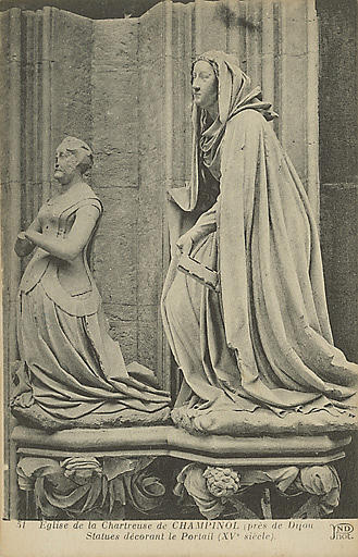 51 EGLISE DE LA CHARTREUSE DE CHAMPINOL(PRES DE DIJON). STATUES DECORANT LE PORTAIL (XVE SIECLE)