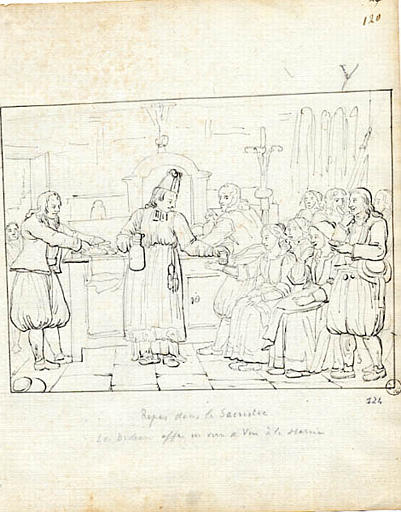 Repas dans la sacristie / le bedeau offre un verre de vin à la mariée (titre inscrit)