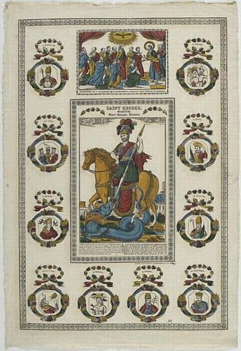 INSTITUTION DU S. SACREMENT DE L'EUCHARISTIE (titre inscrit, français, allemand, gothique) ; SAINT GEORGE, / MARTYR. (titre inscrit, français, allemand, gothique)