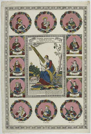SAINTE GENEVIEVE, / PATRONNE DE PARIS (titre inscrit, français, allemand, gothique)