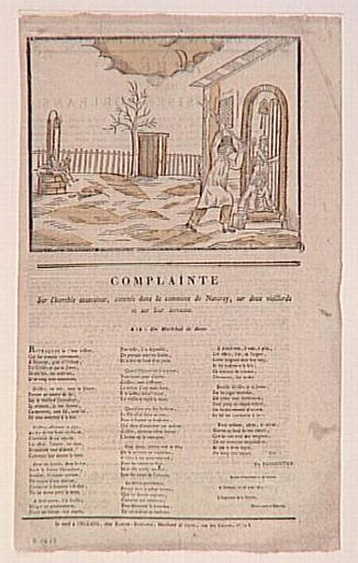 COMPLAINTE / SUR L'HORRIBLE ASSASSINAT, COMMIS DANS LA COMMUNE DE NANCRAY, SUR DEUX VIEILLARDS / ET SUR LEUR SERVANTE. / AIR : DU MARECHAL DE SAXE (titre inscrit)
