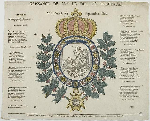 NAISSANCE DE M.GR LE DUC DE BORDEAUX, / Né à Paris le 29 Septembre 1820 (titre inscrit)