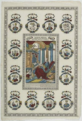 SAINTE CECILE, / PATRONNE DES MUSICIENS (titre inscrit, français, allemand, gothique)