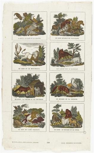 Planche de fables (l'aigle, la laie et la chatte...le loup, le renard et le songe) (titre factice)