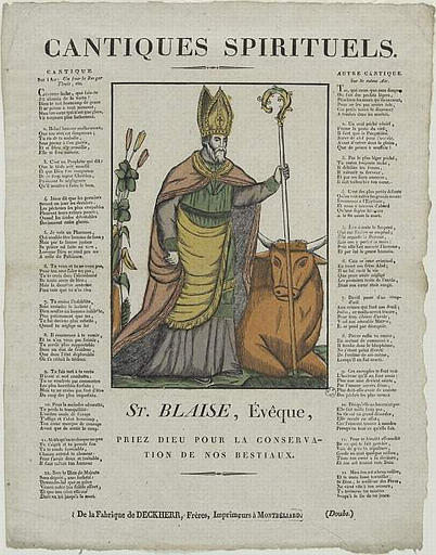 CANTIQUES SPIRITUELS. / ST. BLAISE, Evêque, / PRIEZ DIEU POUR LA CONSERVA/ TION DE NOS BESTIAUX (titre inscrit)