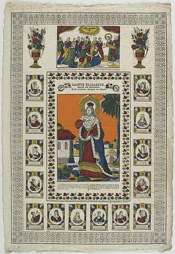 SAINTE ELISABETH / REINE DE HONGRIE (titre inscrit, français, allemand, gothique)