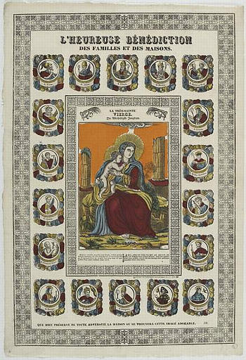 L'HEUREUSE BENEDICTION / DES FAMILLES ET DES MAISONS. / LA TRES SAINTE VIERGE (titre inscrit, français, allemand, gothique)