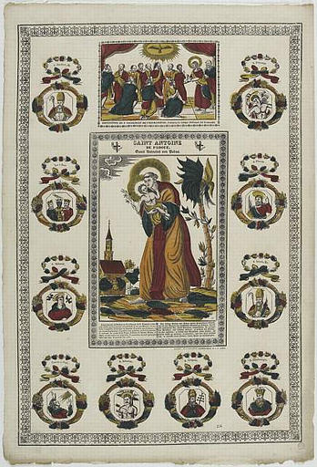 SAINT ANTOINE / DE PADOUE (titre inscrit, français, allemand, gothique) ; INSTITUTION DU S. SACREMENT DE L'EUCHARISTIE. (titre inscrit, français, allemand, gothique)