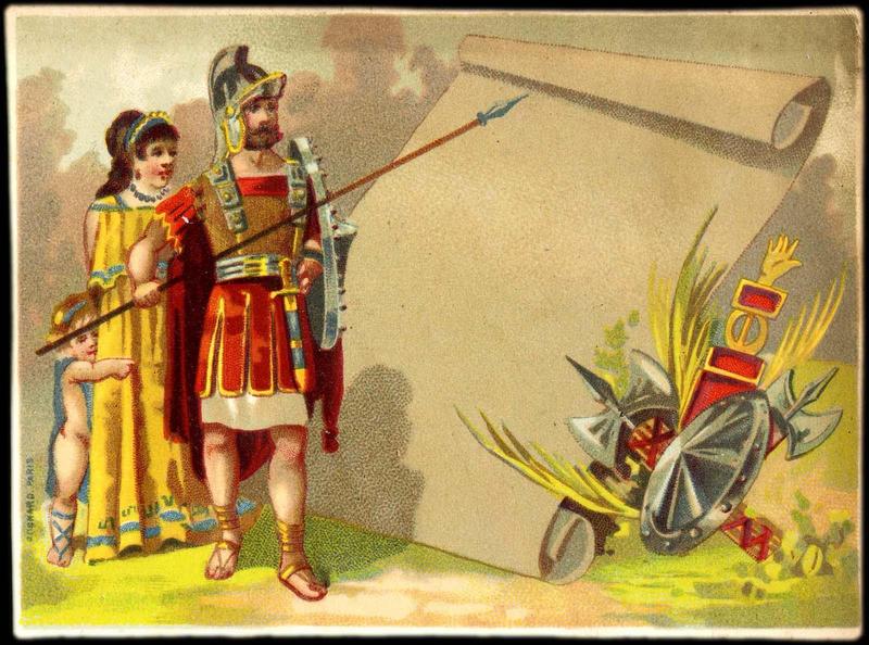 Un centurion romain tenant une lance se tient devant une femme et un enfant ; représentation d'armes d'époque romaine (titre factice)