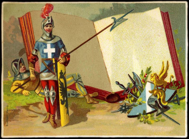Un chevalier portant une hallebarde et un bouclier se tient devant un soldat couché ; représentation d'un livre ouvert ; représentation d'armes médiévales (titre factice)