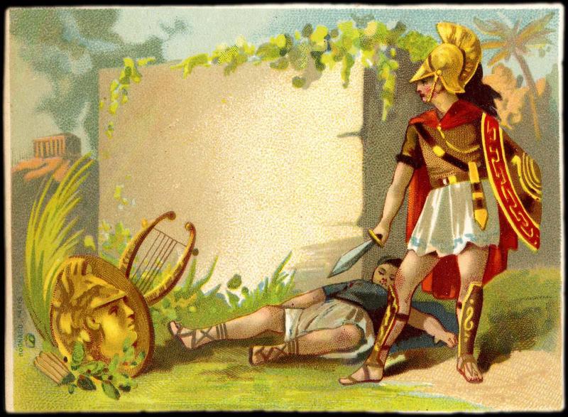 Un soldat grec portant un bouclier et une épée se tient devant un homme mort ; représentation d'un bouclier à l'effigie d'Athéna et d'une lyre (titre factice)