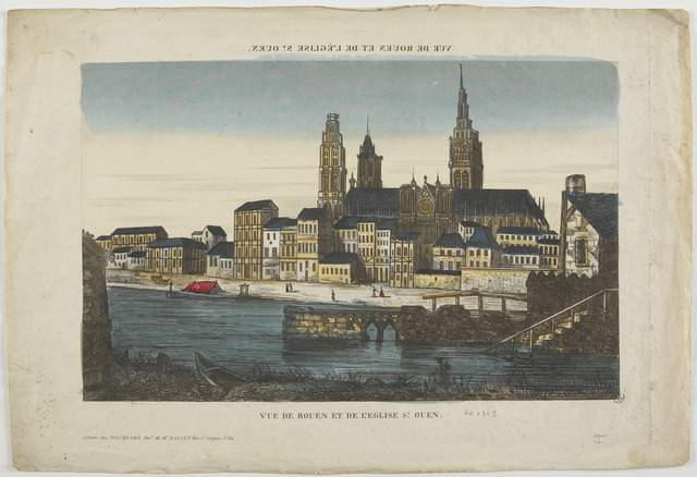 VUE DE ROUEN ET DE L'EGLISE ST. OUEN. (titre inscrit, en caractères inversés) ; VUE DE ROUEN ET DE L'EGLISE ST. OUEN. (titre inscrit)