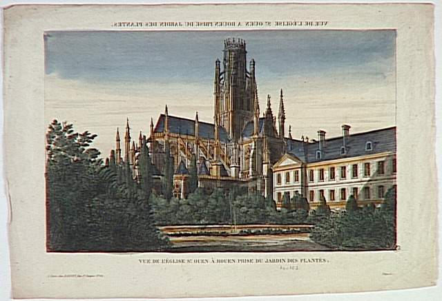 VUE DE L'EGLISE ST. OUEN A ROUEN PRISE DU JARDIN DES PLANTES. (titre inscrit, en caractères inversés) ; VUE DE L'EGLISE ST. OUEN A ROUEN PRISE DU JARDIN DES PLANTES. (titre inscrit)