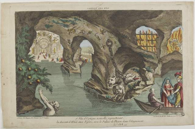 VUE DES ENFERS. (titre inscrit, en caractères inversés) ; 7e. Vüe d'Optique nouvelle, / representant la descente d'Oenée aux Enfers, avec le Palais de Pluton dans l'eloignement. (titre inscrit)