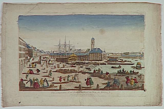 VUE DU PORT DE BREST (titre inscrit, en caractères inversés) ; Vue perspective d'un Embarquement au Port de Brest. (titre inscrit)