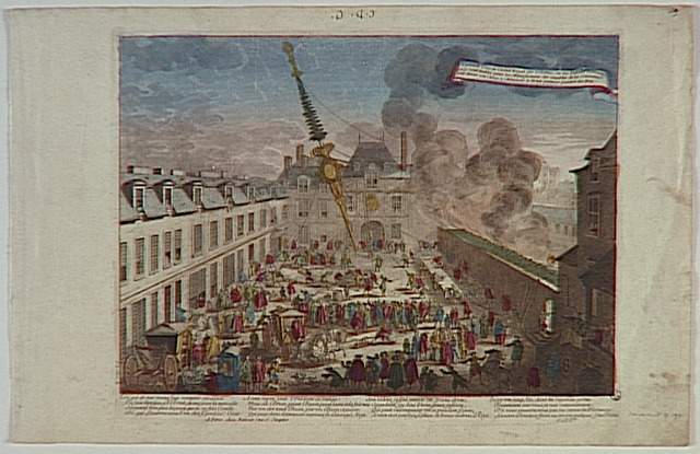 La grande Cour de l'Hôtel Royal des Gobelins, ou les habiles hommes / qui y sont établis pour les Manufactures des meubles de la Couronne / font élever un Mais à Monsieur le Brun premier peintre du Roy. (titre inscrit)