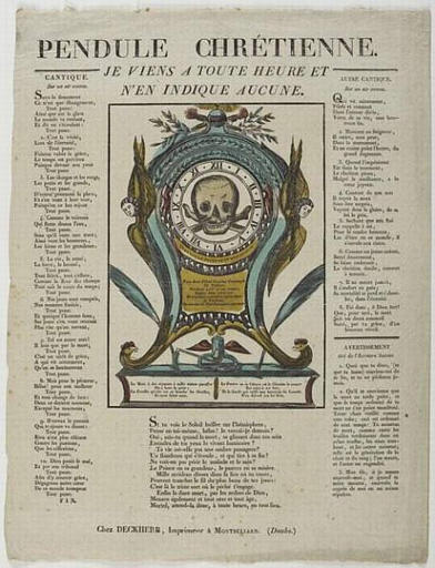 PENDULE CHRETIENNE. / JE VIENS A TOUTE HEURE ET / N'EN INDIQUE AUCUNE (titre inscrit)