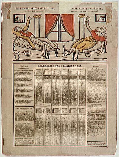 LE BIENHEUREUX SAINT LACHE, / PATRON DES PARESSEUX. / BONNE SAINTE FAINEANTE, PROTECTRICE DES PARESSEUSES / CALENDRIER POUR L'ANNEE 1835 (titre inscrit)