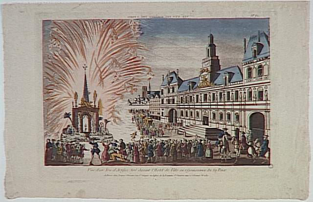 VUE D'UN FEU D'ARTIFICE TIRE A PARIS (titre inscrit, en caractères inversés) ; Vue d'un Feu d'Artifice tiré devant l'Hotel de Ville en réjouissance de la Paix (titre inscrit)