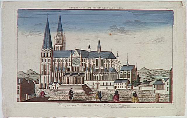 VUE DE LA CELEBRE EGLISE DE CHARTRES (titre inscrit, en caractères inversés) ; Vue perspective de la celebre Eglise de chartres. (titre inscrit)