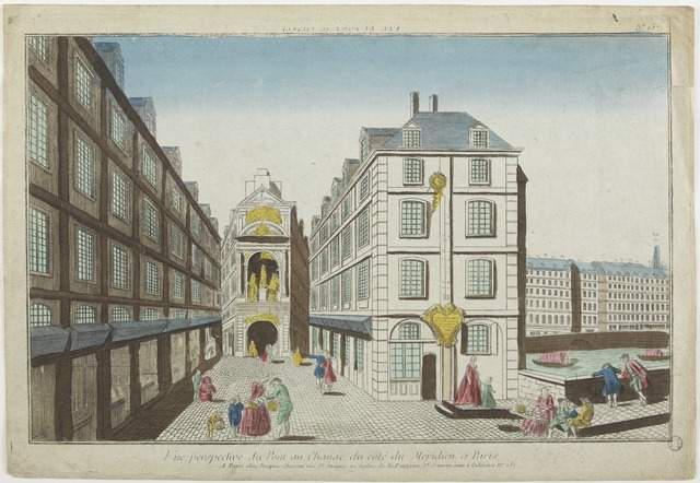 VUE DU PONT AU CHANGE (titre inscrit, en caractères inversés) ; Vue perspective du Pont au Change du côté du Méridien a Paris (titre inscrit)