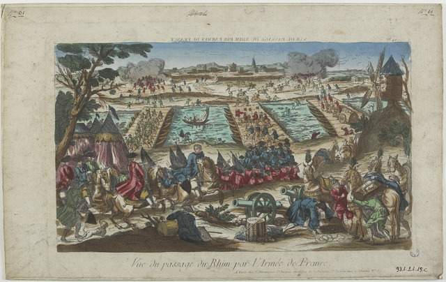 VUE DU PASSAGE DU RHIN PAR L'ARMEE DE FRANCE (titre inscrit, en caractères inversés) ; Vue du passage du Rhin par l'Armée de France. (titre inscrit)