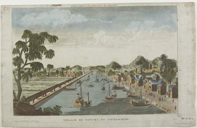 VILLAGE DE YANG-KA, EN COCHINCHINE. (titre inscrit, en caractères inversés)