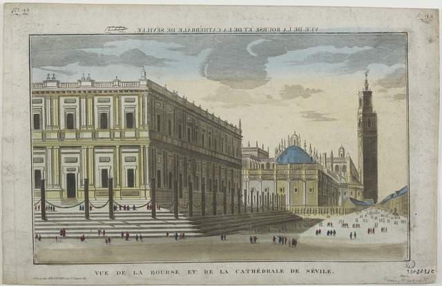 VUE DE LA BOURSE ET DE LA CATHEDRALE DE SEVILLE. (titre inscrit, en caractères inversés)