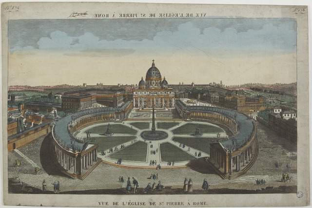 VUE DE L'EGLISE DE ST. PIERRE A ROME. (titre inscrit, en caractères inversés)