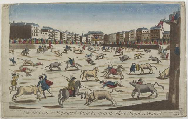 Vue des Courses Espagnoles dans la grande place Mayor a Madrid. (titre inscrit)