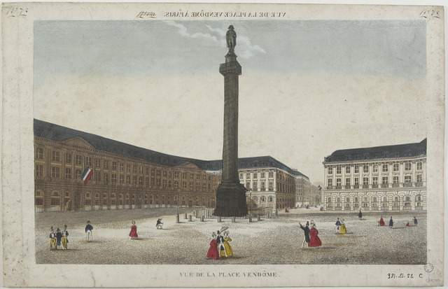 VUE DE LA PLACE VENDOME A PARIS. (titre inscrit, en caractères inversés) ; VUE DE LA PLACE VENDOME. (titre inscrit)
