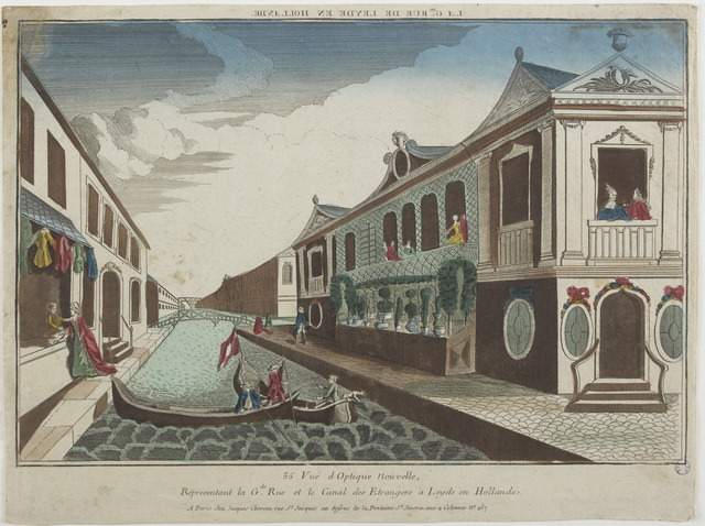 LA GDE. RUE DE LEYDE EN HOLLANDE (titre inscrit, en caractères inversés) / 35 Vuë d'Optique Nouvelle, Représentant la Gde. Rue et le Canal des Etrangers à Leyde en Hollande. (titre inscrit)