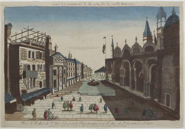 Grande Place de l'Eglise de St. Geminien a Venise (titre inscrit, en caractères inversés) ; Place de l'Eglise de St. Marc et la grande Place terminée par l'Eglise de St. Geminien à Venise (titre inscrit)