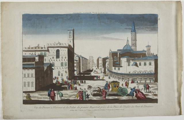 VUE DE PALAIS DU 1ER MAGISTRAT, A FLORENCE . (titre inscrit, en caractères inversées) ; Vue du Prieuré a Florence et du Palais du premier Magistrat, prise de la Place de l'Eglise des Peres de l'Oratoire. (titre inscrit)