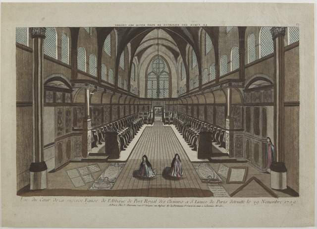LE COEUR DES RELIGIEUSES DE PORT ROYAL DES CHAMPS (titre inscrit, en caractères inversés) ; Vue du Cour de la superbe Eglise de Port Royal des Champs à 5 Lieues de Paris detruitte le 29 Novembre 1709 (titre inscrit)