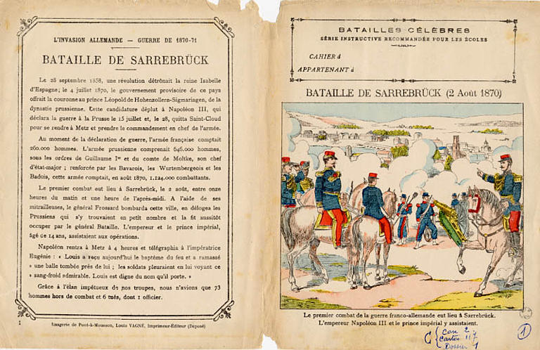 BATAILLES CÉLÈBRES / SÉRIE INSTRUCTIVE RECOMMANDÉE POUR LES ÉCOLES / BATAILLE DE SARREBRÜCK (2 AOÛT 1870) (titre inscrit)