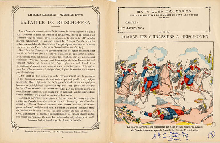 BATAILLES CÉLÈBRES / SÉRIE INSTRUCTIVE RECOMMANDÉE POUR LES ÉCOLES / CHARGE DES CUIRASSIERS A REISCHOFFEN (titre inscrit)
