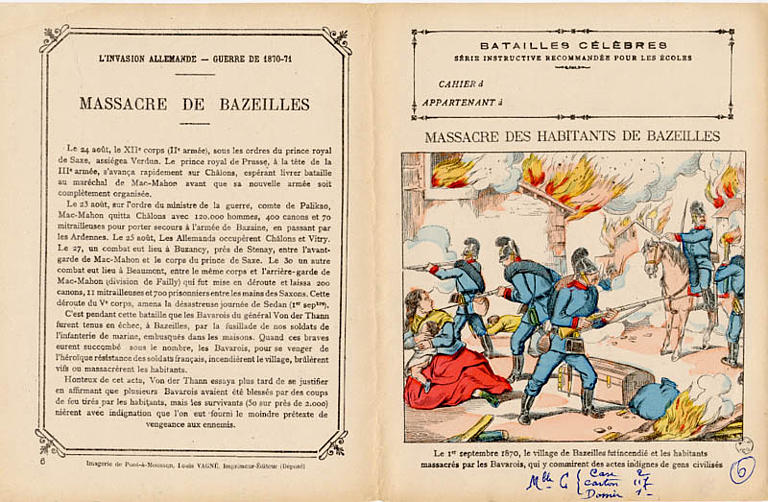 BATAILLES CÉLÈBRES / SÉRIE INSTRUCTIVE RECOMMANDÉE POUR LES ÉCOLES / MASSACRE DES HABITANS DE BAZEILLES (titre inscrit)